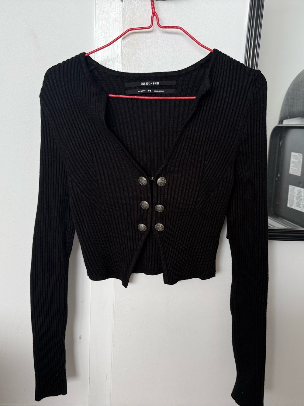 silence + noise Black Ribbed Cropped Cardigan with Double Metal Buttons